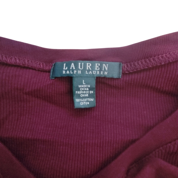 Vintage Lauren Ralph Lauren Womens (L) Burgundy Ribbed Ruffle Neck Lg Sleeve Top - Picture 2 of 6